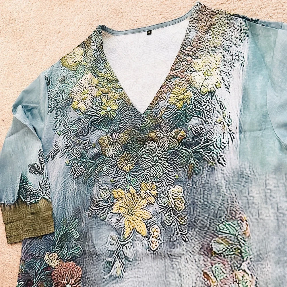 Embroidered Print V-Neck Blouse in Blue and Green - Picture 2 of 4